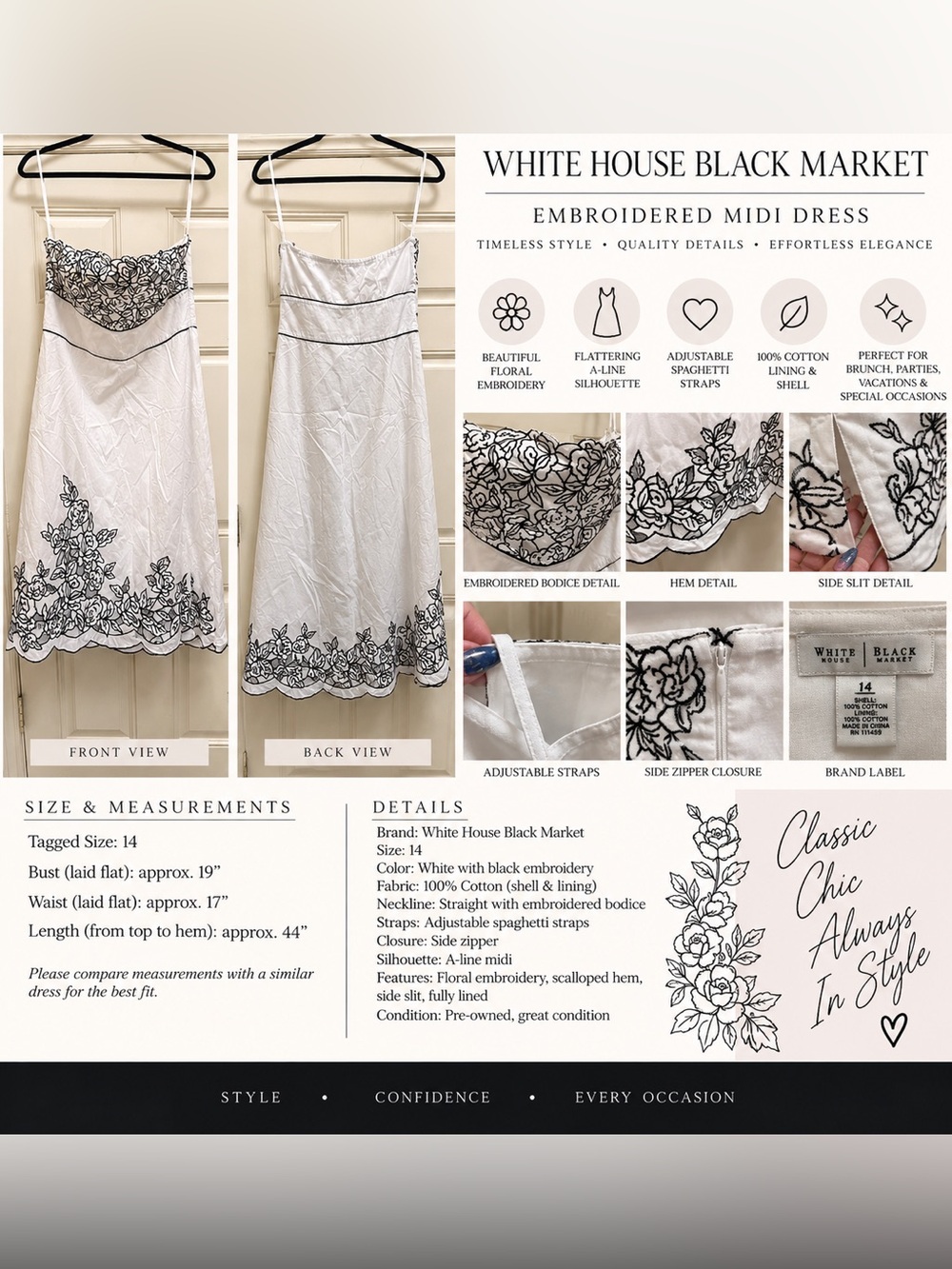 White House Black Market White Black Floral Embroidered Cotton Dress 14
